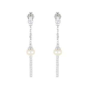 Broqueles largos de plata con Zirconia y Perla